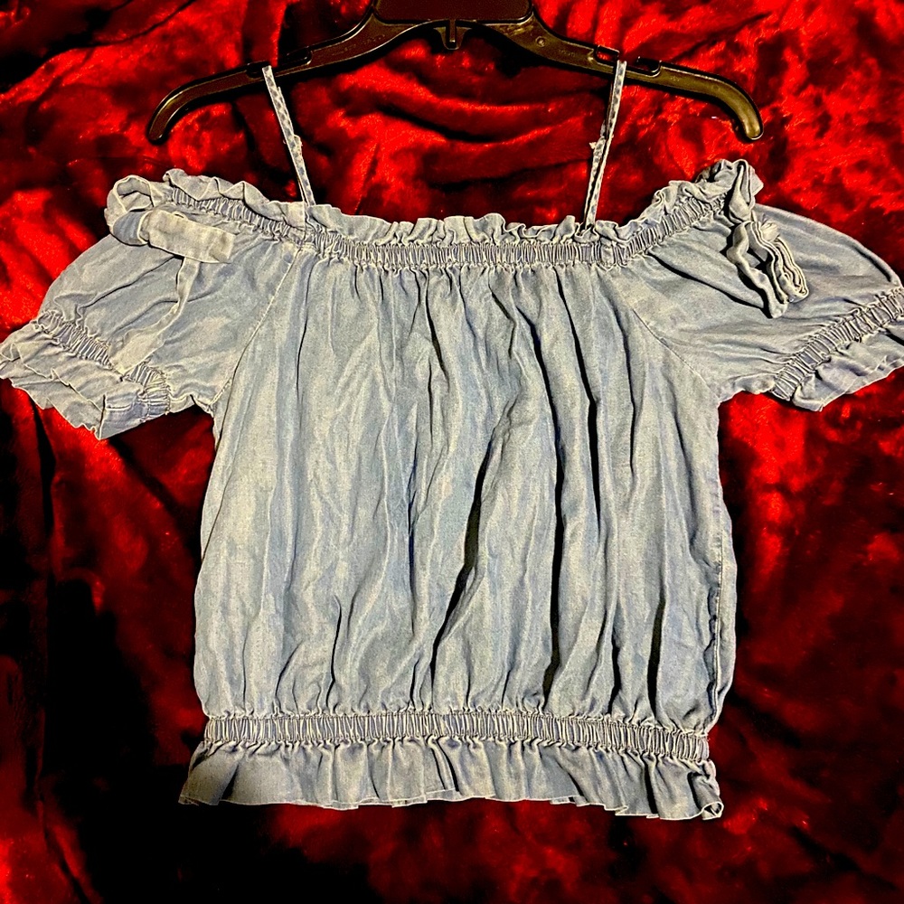 Jean colored off the shoulder crop top